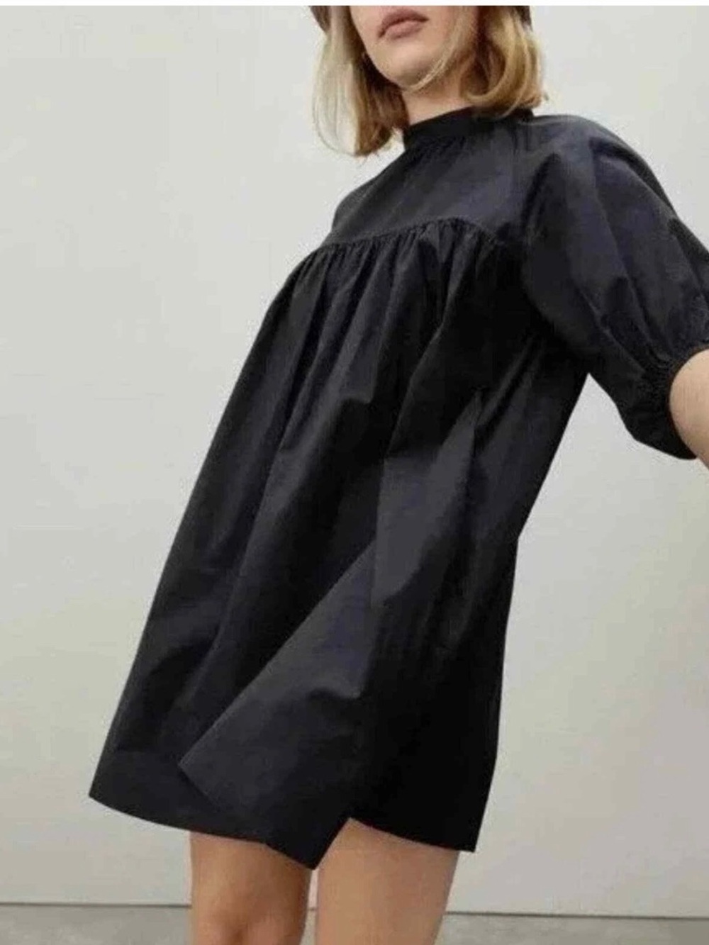 Everlane Black High-Neck Puff-Sleeve Mini Dress